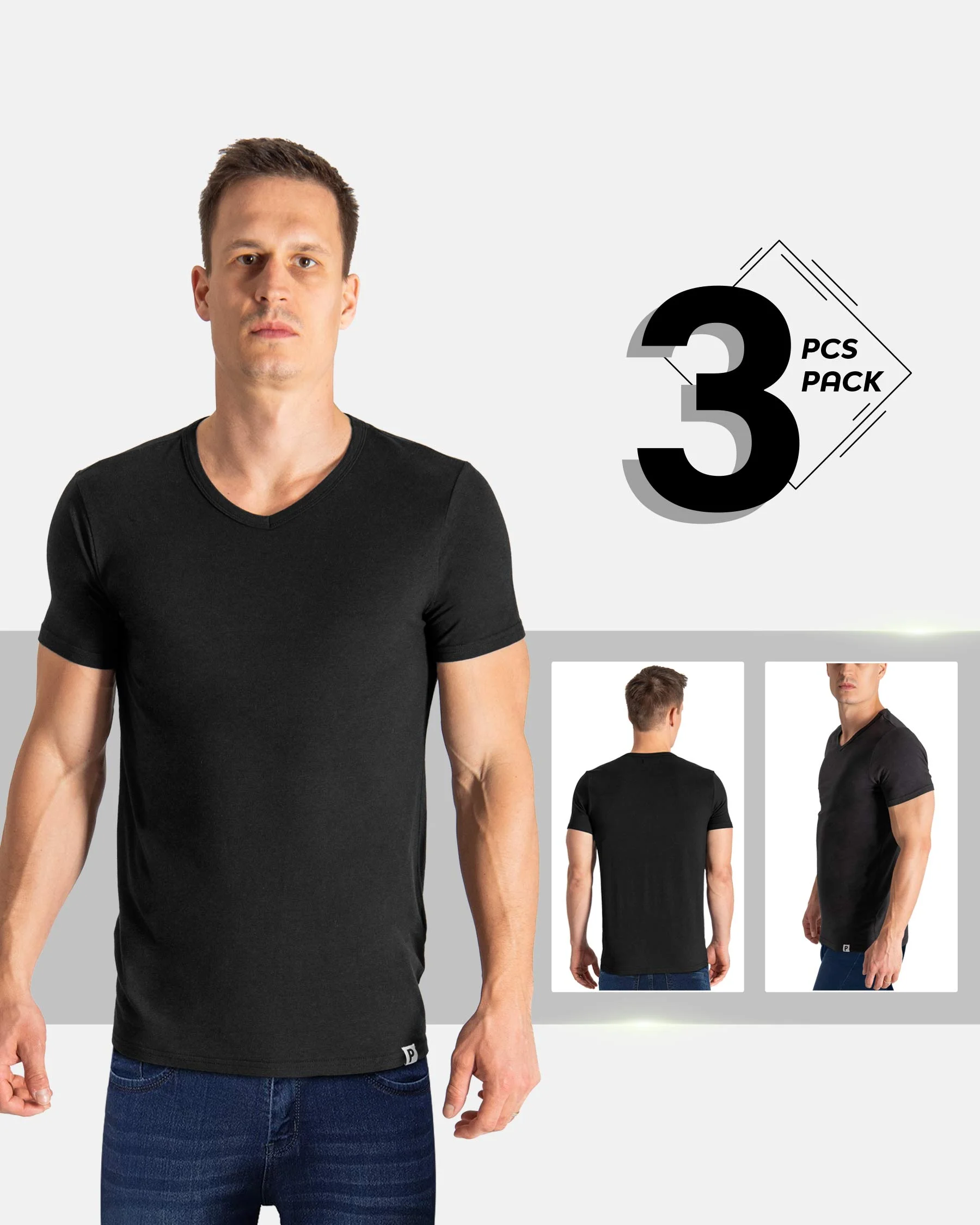 T-shirt s V-izrezom od bambusove viskoze – Paket 3 kom.